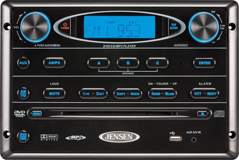 Jensen AWM965 AM/FM|CD|DVD|MP3/USB Wallmount Stereo with DVD Player, Front USB Supports MP3, WMA, JPEG Formats, Remote Control Included, 12 Volt
