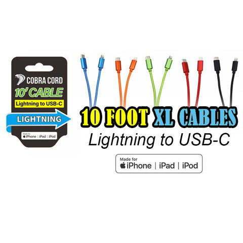 10' Phone Cable | Lightning to USB-C | Apple Certified Fast Charging & Data Sync | Assorted Colors | 01-3250