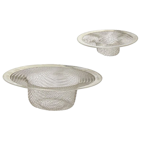 Made of durable stainless steel. Allows water to pass through while capturing bits of food and wast. Larger strainer size: 4-1/2" diameter x 1-1/2" high. smaller: 2-3/4" diameter x 1" high.