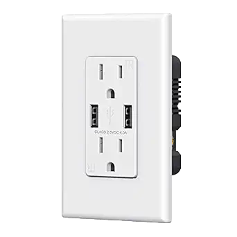 15A/4.8Amp USB Wall Receptacle With Wall Plate White