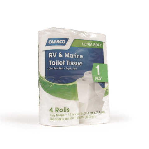 Camco RV TST 1 Ply Toilet Tissue is designed to be used in RV and marine sanitation systems. It is fast-dissolving, clog-resistant toilet tissue and is biodegradable as well as septic tank safe. It contains no dyes or perfumes and is 1 ply tissue with...